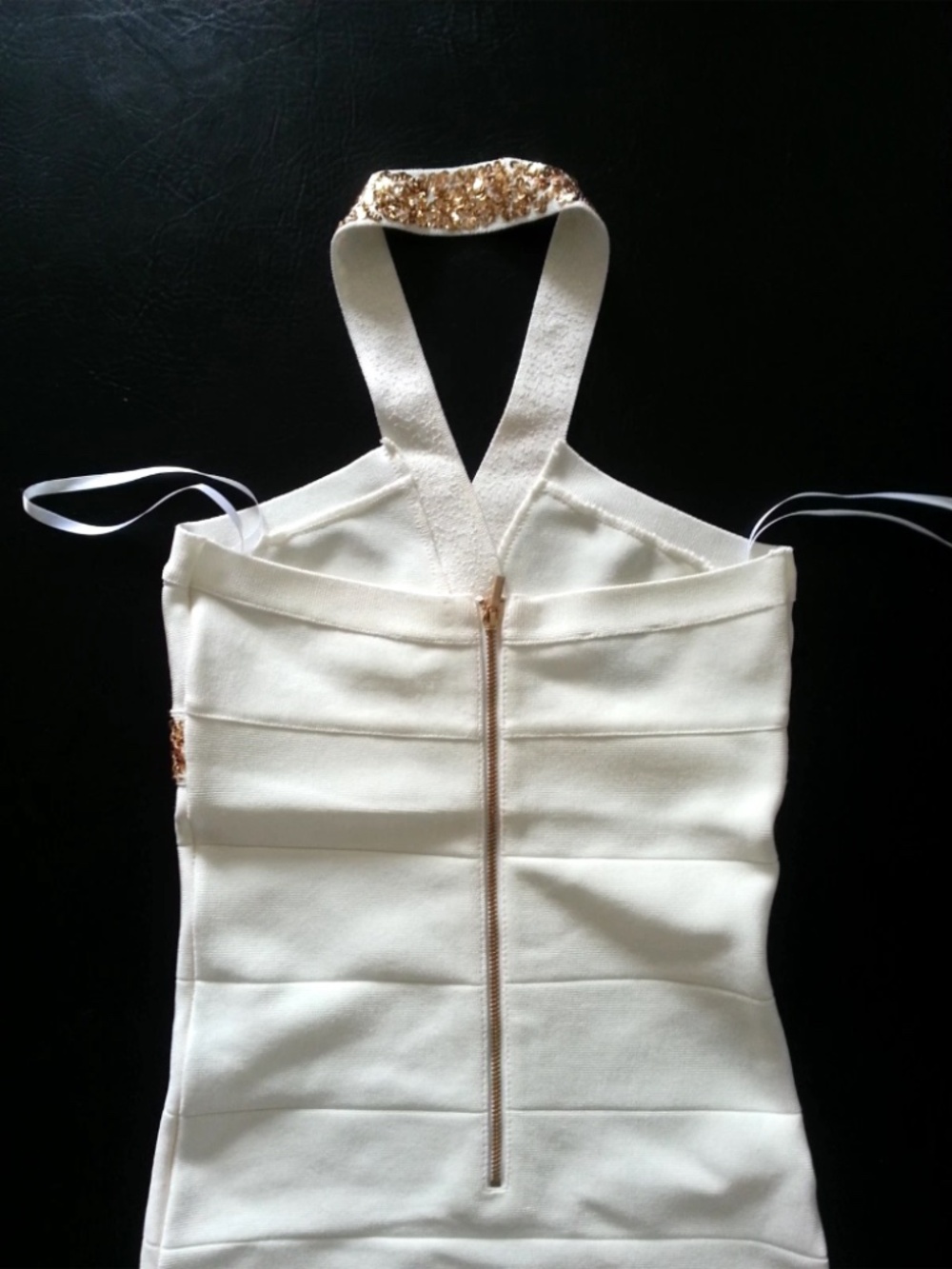 New bebe ivory white gold sequin halter zip bandage top dress - Picture 6 of 6